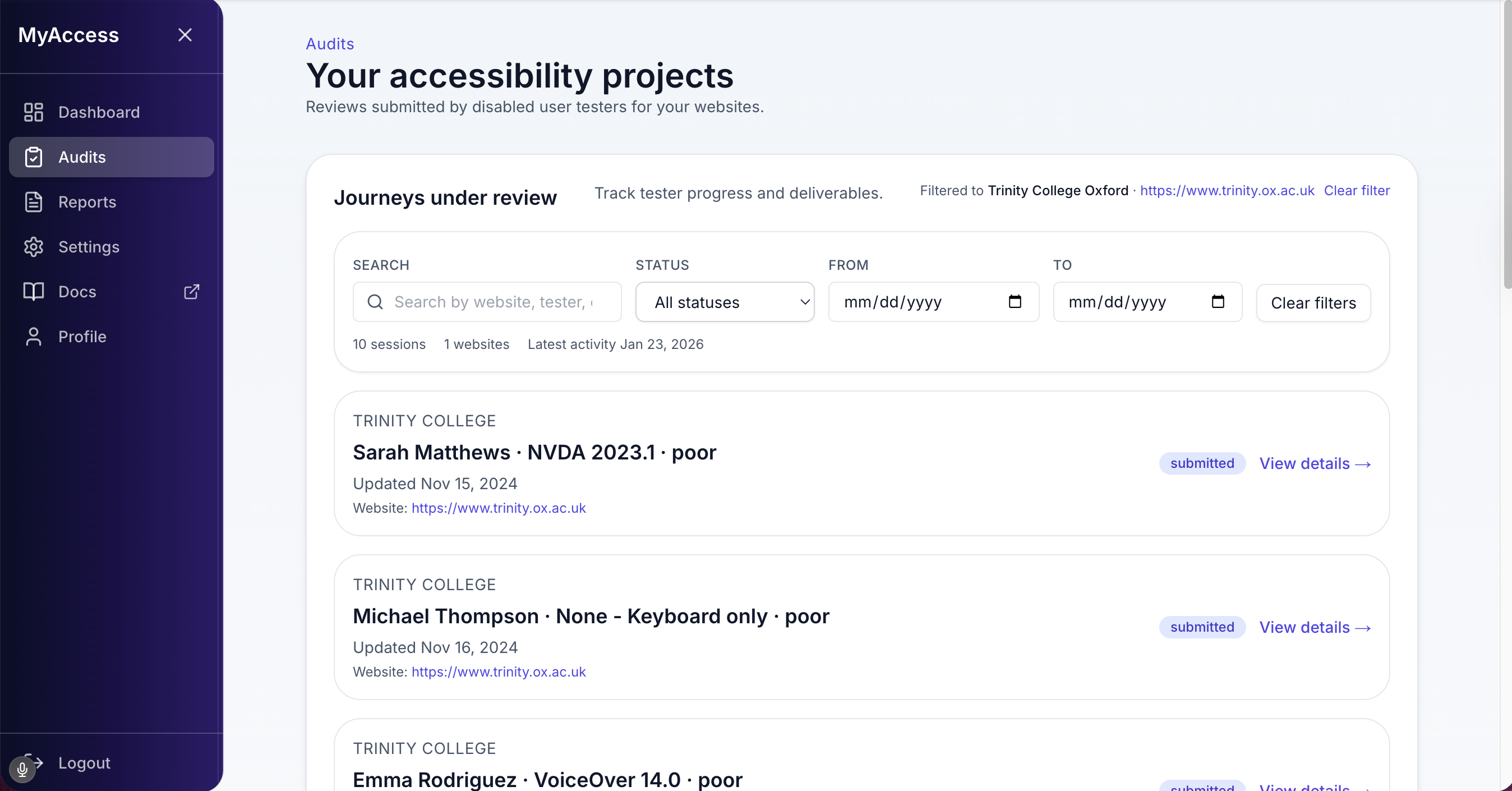 Filtered audits list grouped by report with tester sessions and statuses.